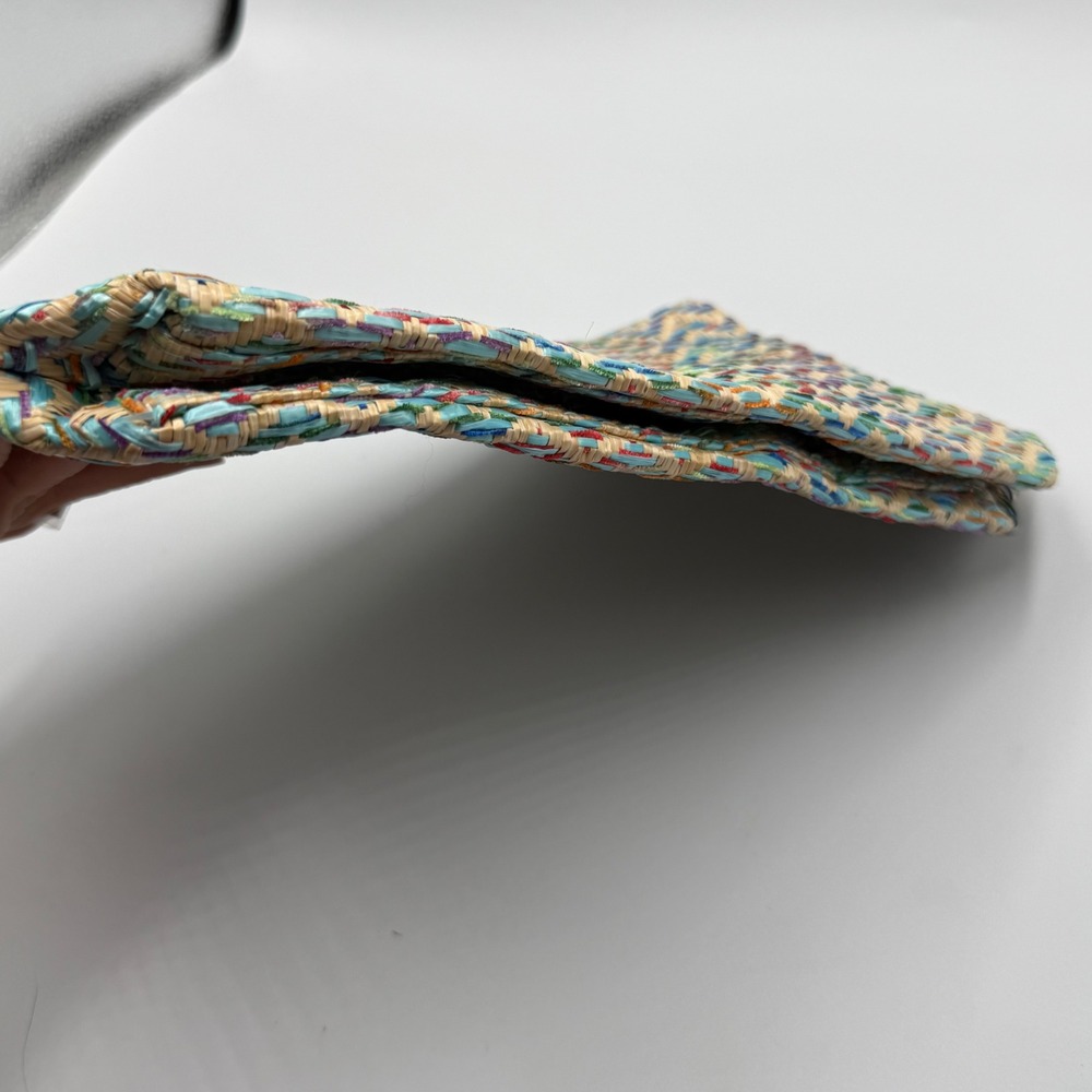 Lancome Paris Woven Straw Makeup Bag OS Teal Multi Chevron Boho Tassel Pouch - Picture 3 of 7